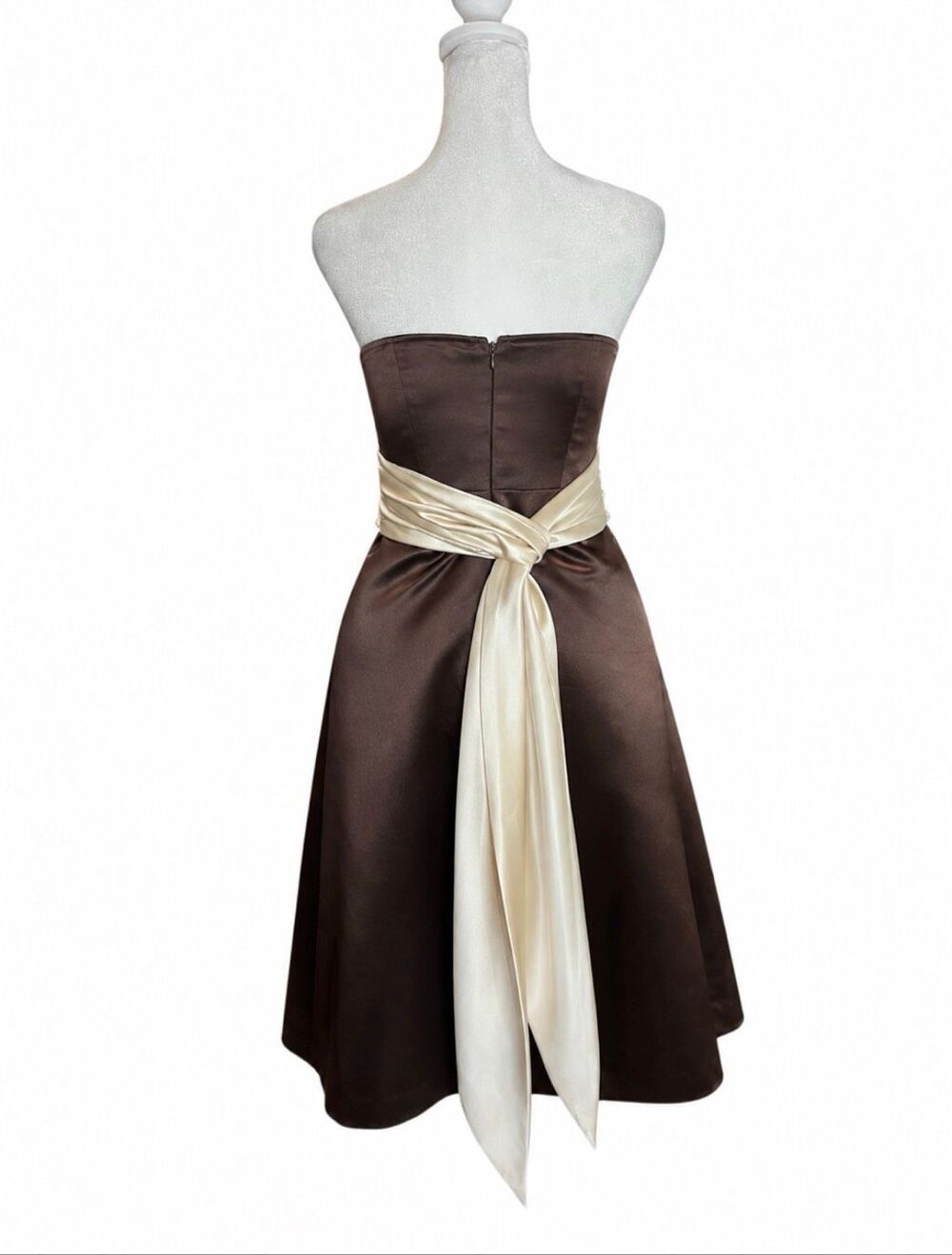 Bill Levkoff Chocolate Brown Satin Strapless Fit Flare Midi Dress Ivory Sash 6 - Picture 5 of 8